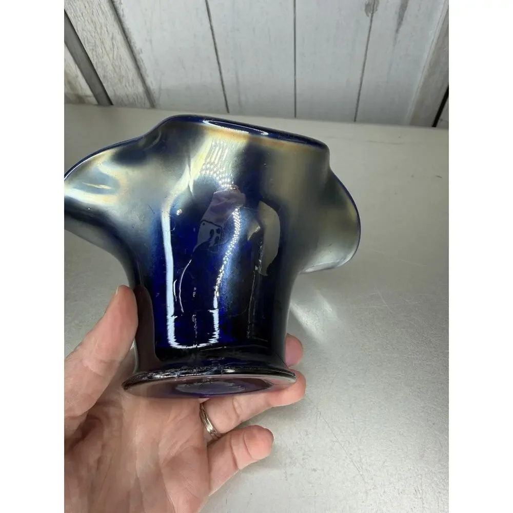 Vintage Fenton Hat Vase Bowl Cobalt Blue Carnival Glass Leaves & Berries